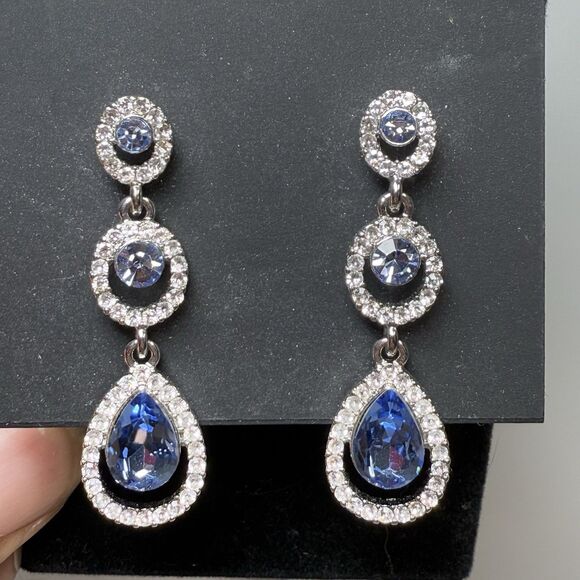 Givenchy Crystal Cut Linear Earrings In Silver & Sapphire New - Picture 3 of 8